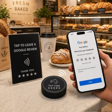 NFC review tap concept at a bakery counter