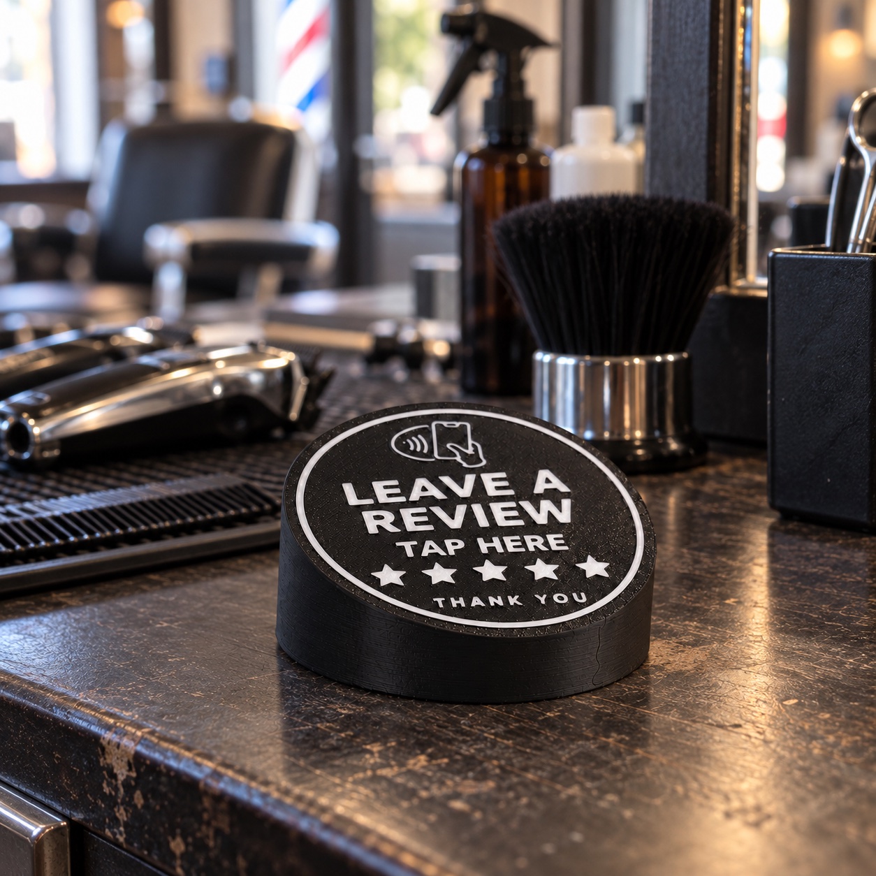 NFC review puck on a barbershop counter