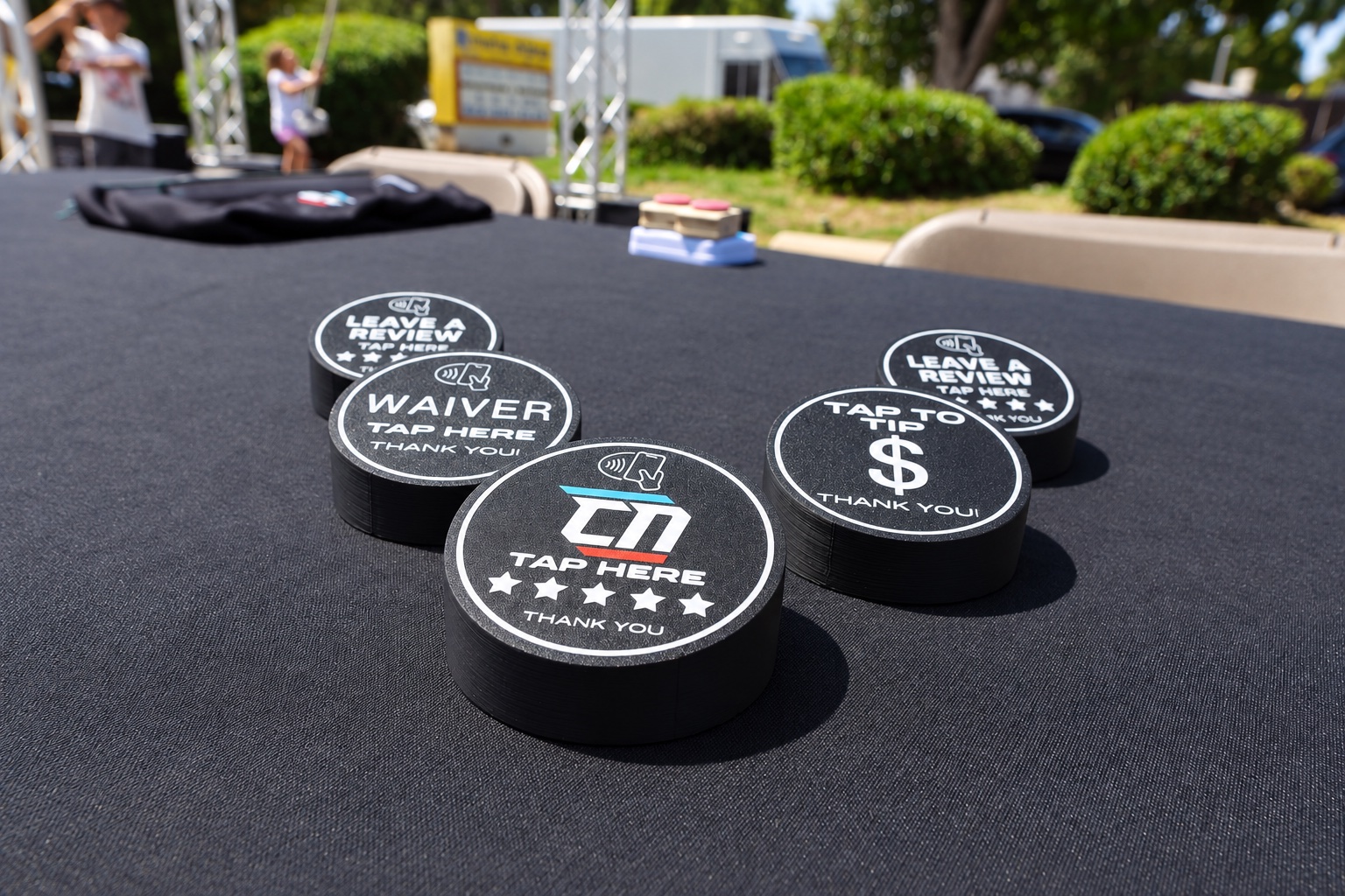 Five real Valley Tap Reviews NFC pucks in use at California Ninja