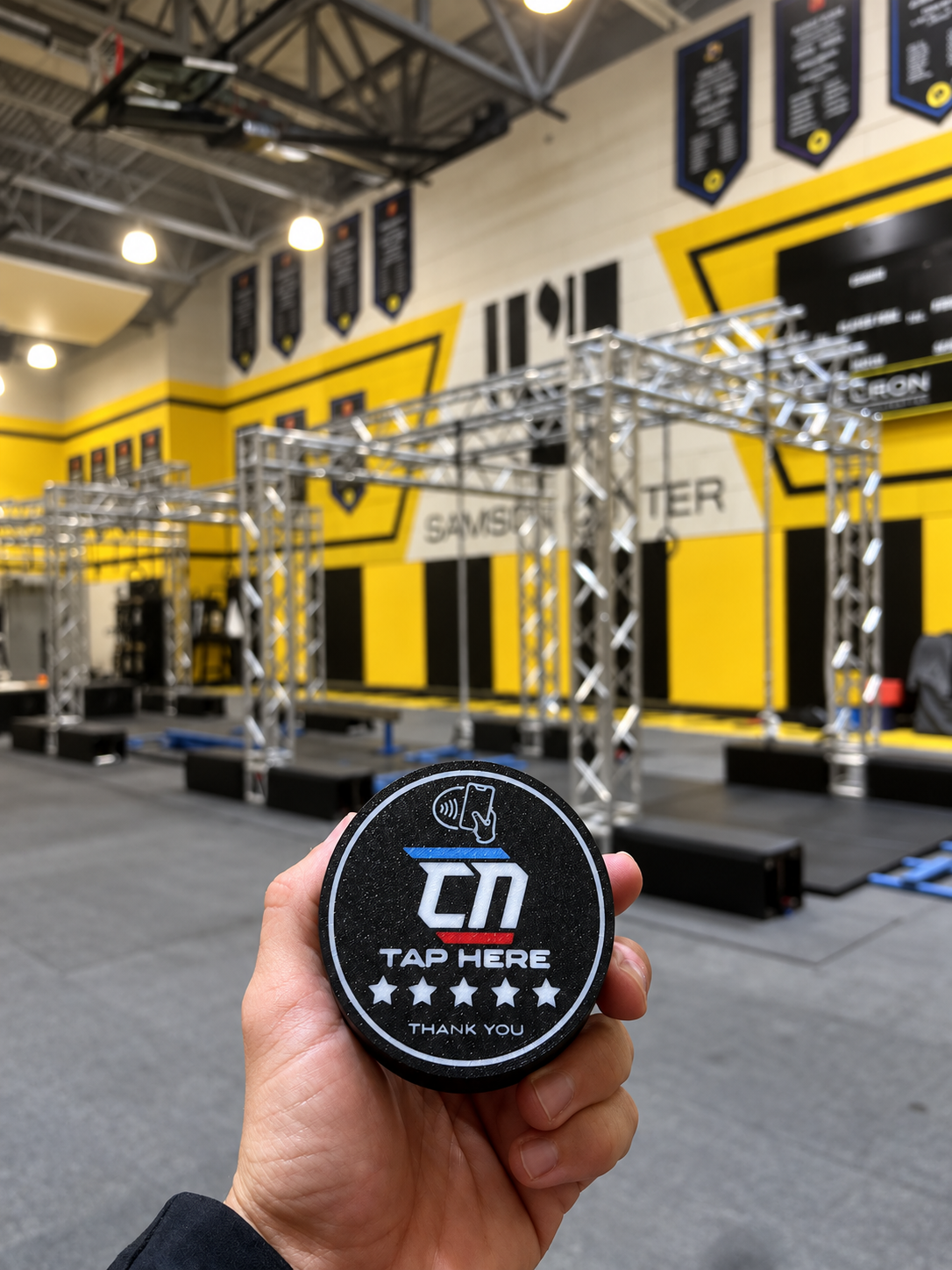 Custom branded California Ninja NFC review puck in use at the customer’s business