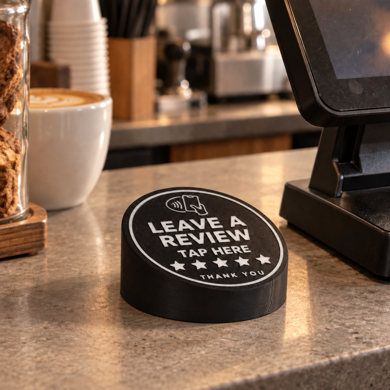 Single VTR review tap at a coffee shop counter