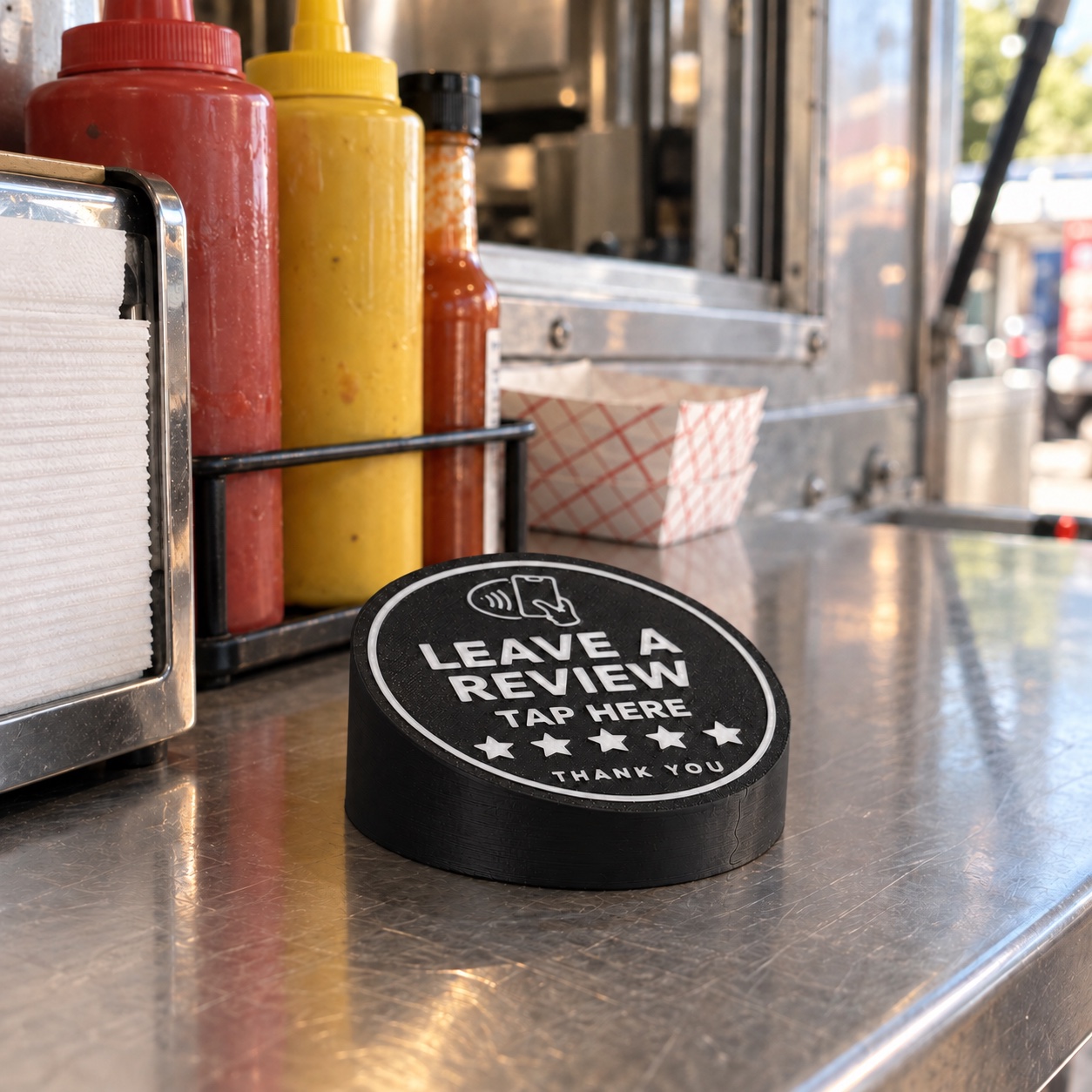 NFC review puck at a food truck counter