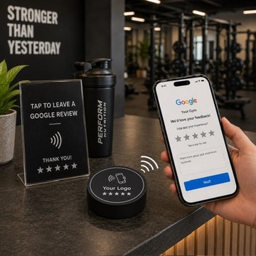 NFC review tap concept at a gym counter